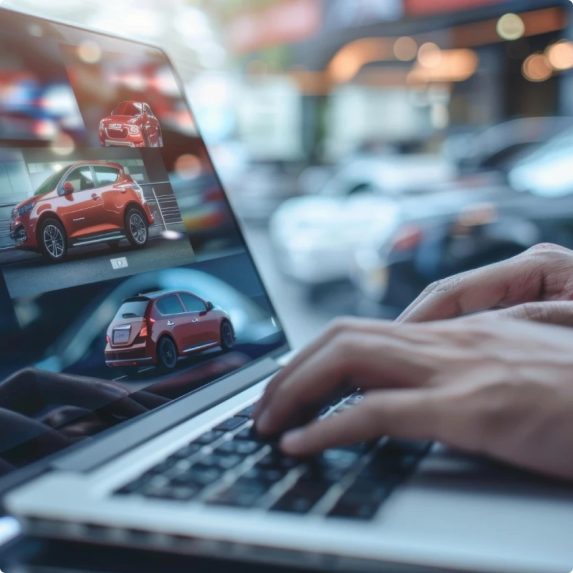 Dłonie na klawiaturze laptopa z ogłoszeniami samochodów na ekranie