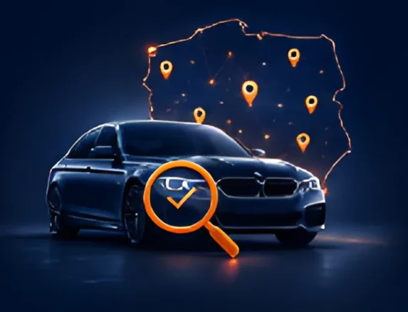 Granatowe BMW z lupą i mapą Polski z pinezkami lokalizacji partnerów